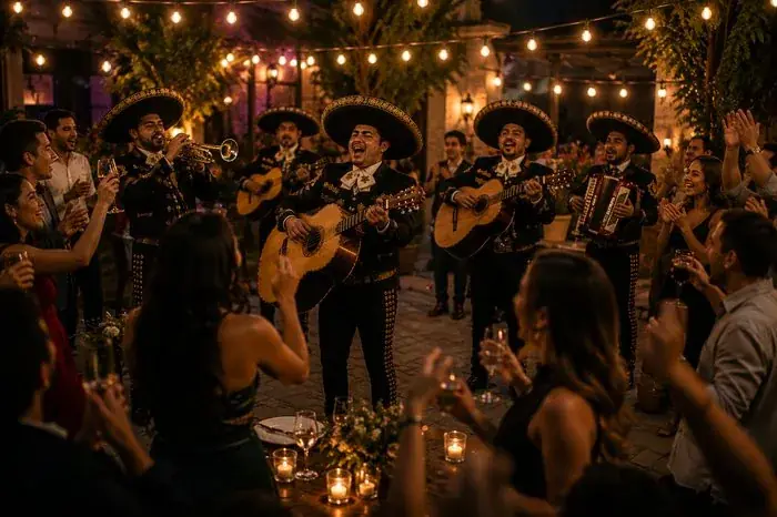 Grupo de mariachi completo tocando en una fiesta privada en Madrid